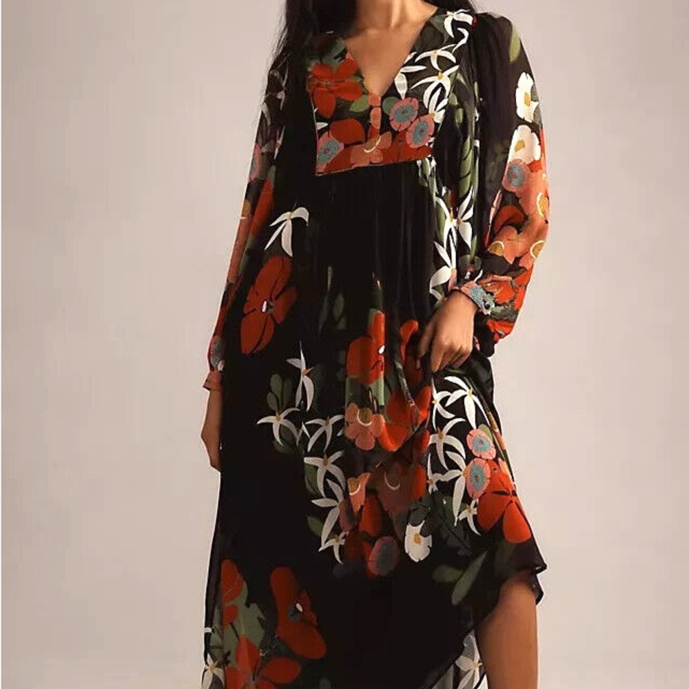 Farm Rio Long-Sleeve V-Neck Floral Maxi Dress.